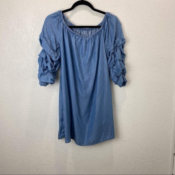 Zara Ruffle Sleeve Chambray Denim Off Shoulder Dress - Picture 4 of 16